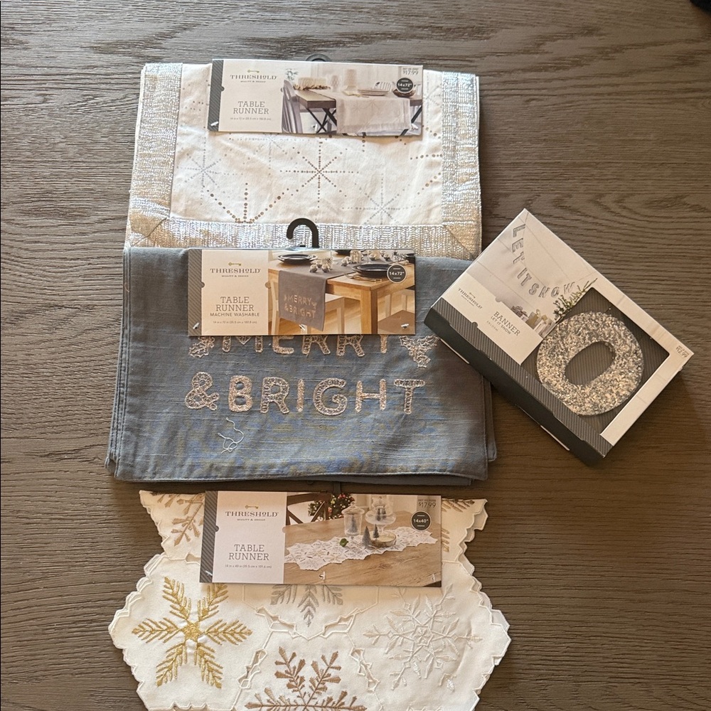 Threshold Gray and Cream Holiday Table Runners Set and banner all NWT